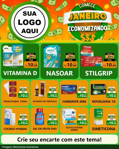 Modelo de Rede Social para Feed Instagram com o tema Comece Janeiro Economizando para Farmácia
