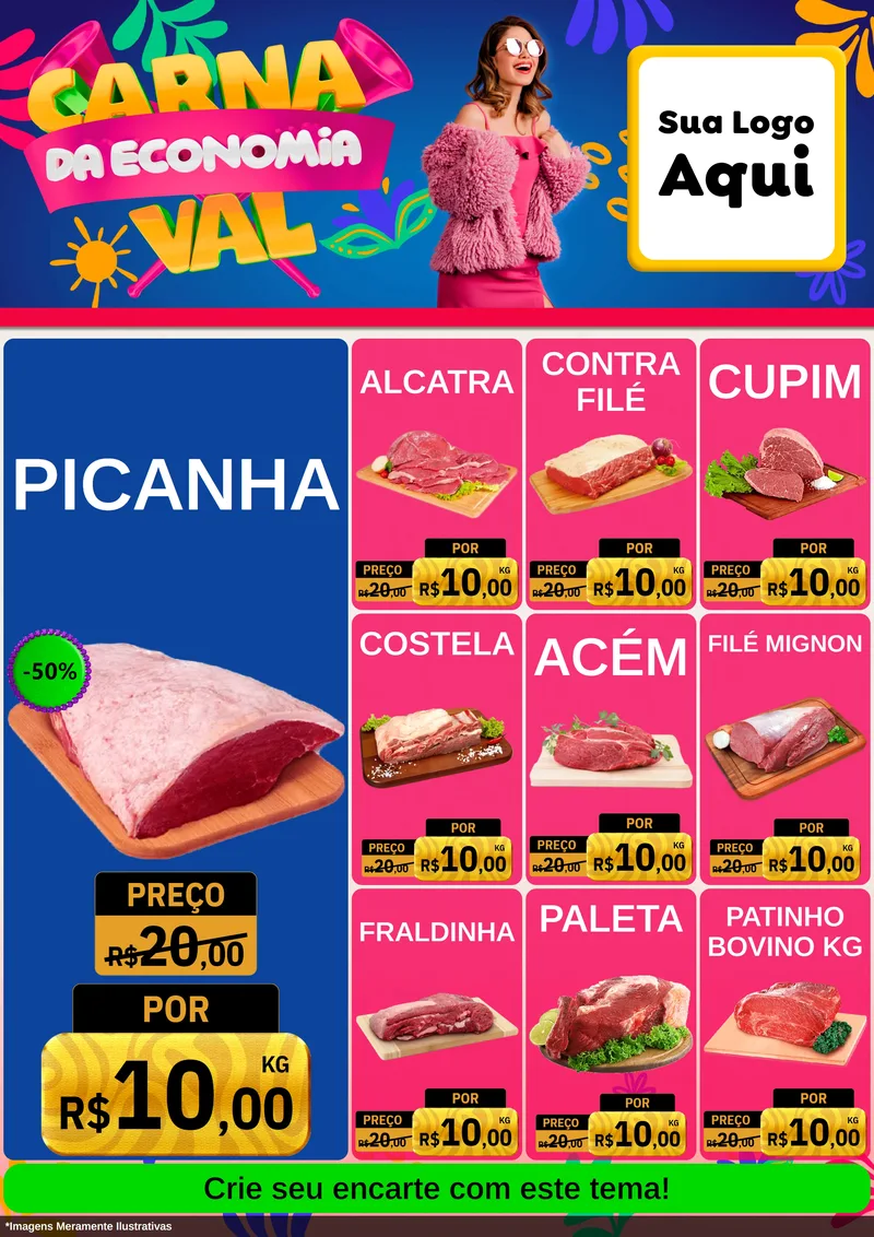 Modelo de Encarte para Encarte A4 Vertical com o tema Carnaval da Economia para Açougue