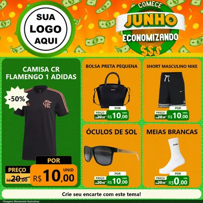 Modelo de Rede Social para Feed Facebook com o tema Comece Junho Economizando para Roupas e acessórios