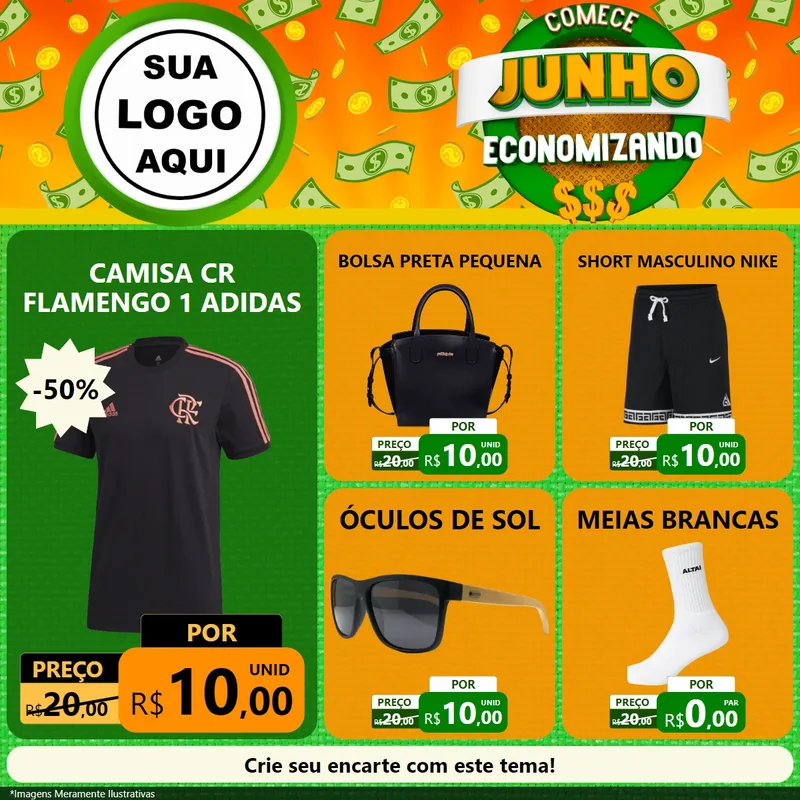 Modelo de Rede Social para Feed Facebook com o tema Comece Junho Economizando para Roupas e acessórios
