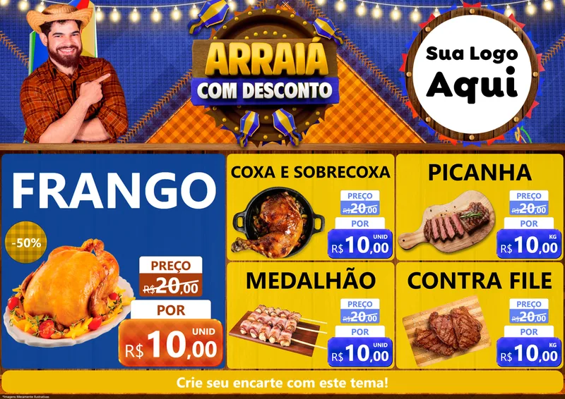 Modelo de Encarte para Encarte A4 Horizontal com o tema Arraiá Com Desconto para Assados