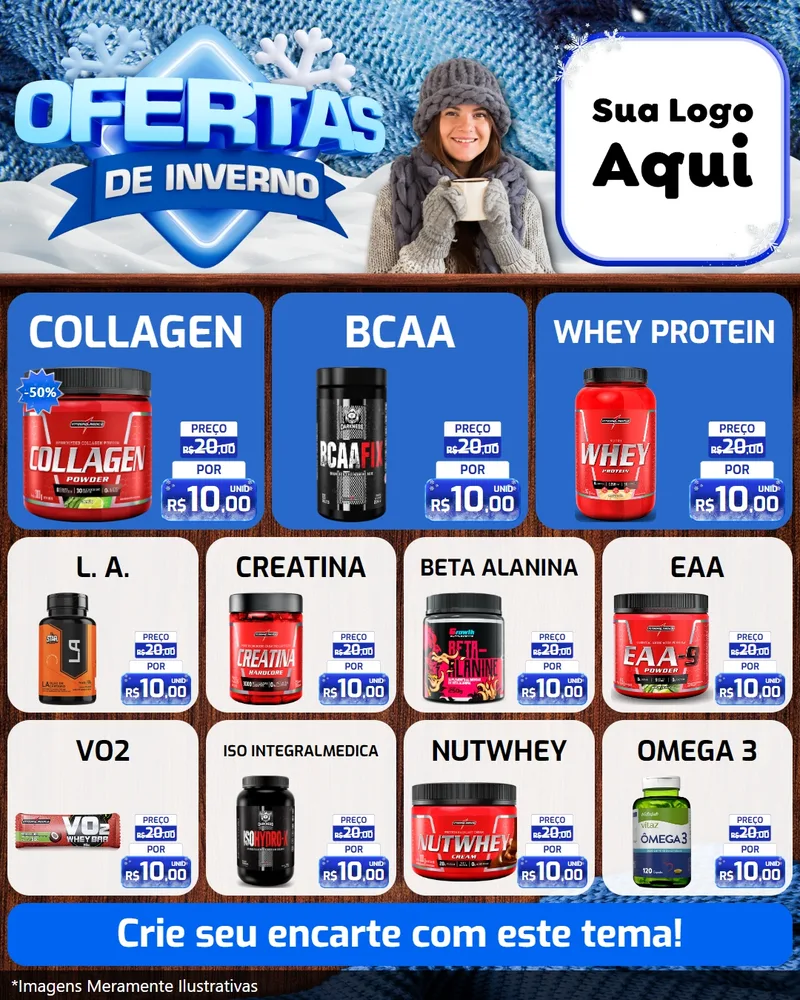 Modelo de Rede Social para Feed Instagram com o tema Ofertas de Inverno para Suplementos alimentares