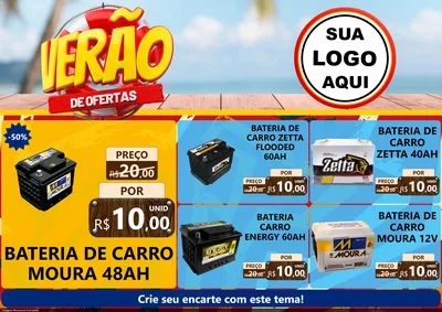 Modelo de Encarte para Encarte A4 Horizontal com o tema Verão de Ofertas para Baterias Elétricas