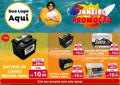 Modelo de Encarte para Encarte A4 Horizontal com o tema Janeiro de Promoção para Baterias Elétricas