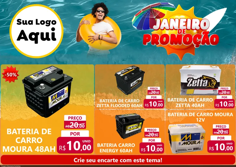 Modelo de Encarte para Encarte A4 Horizontal com o tema Janeiro de Promoção para Baterias Elétricas
