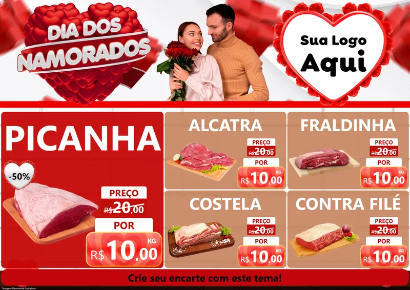 Modelo de Encarte para Encarte A4 Horizontal com o tema Dia dos Namorados para Açougue