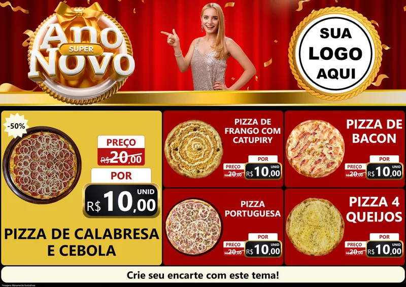 Modelo de Encarte para Encarte A4 Horizontal com o tema Super Ano Novo para Pizzaria