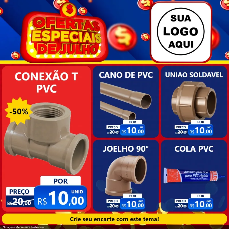 Modelo de Rede Social para Feed Facebook com o tema Ofertas Especiais de Julho para Tubos e conexões