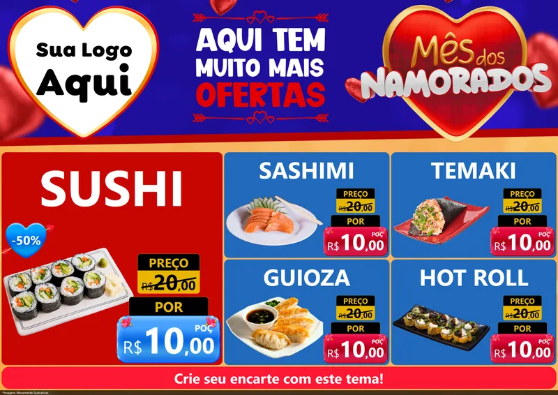 Modelo de Encarte para Encarte A4 Horizontal com o tema Mês dos Namorados para Comida japonesa