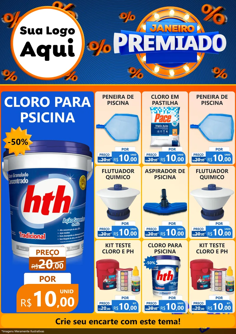 Modelo de Encarte para Encarte A4 Vertical com o tema Janeiro Premiado para Produtos para Piscina