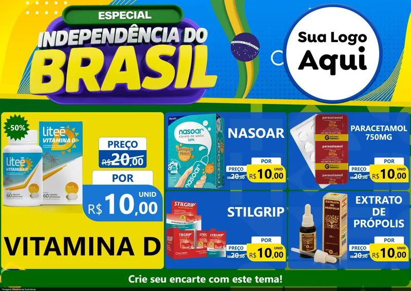 Modelo de Encarte para Encarte A4 Horizontal com o tema Especial Independência do Brasil para Farmácia