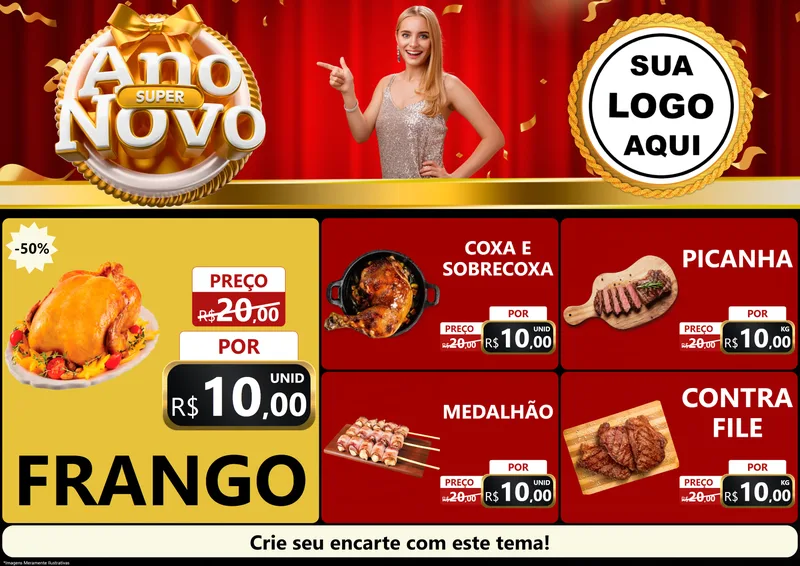 Modelo de Encarte para Encarte A4 Horizontal com o tema Super Ano Novo para Assados