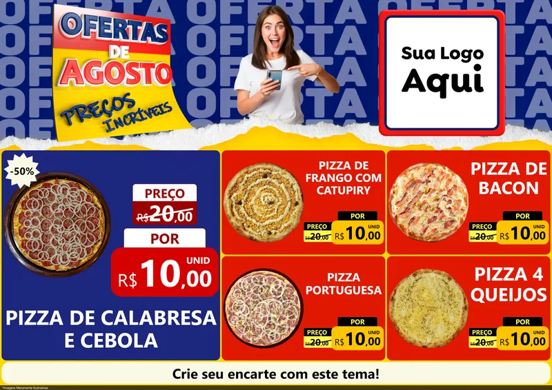 Modelo de Encarte para Encarte A4 Horizontal com o tema Ofertas de Agosto - Preços Incríveis para Pizzaria