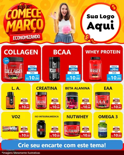 Modelo de Rede Social para Feed Instagram com o tema Comece Março Economizando para Suplementos alimentares
