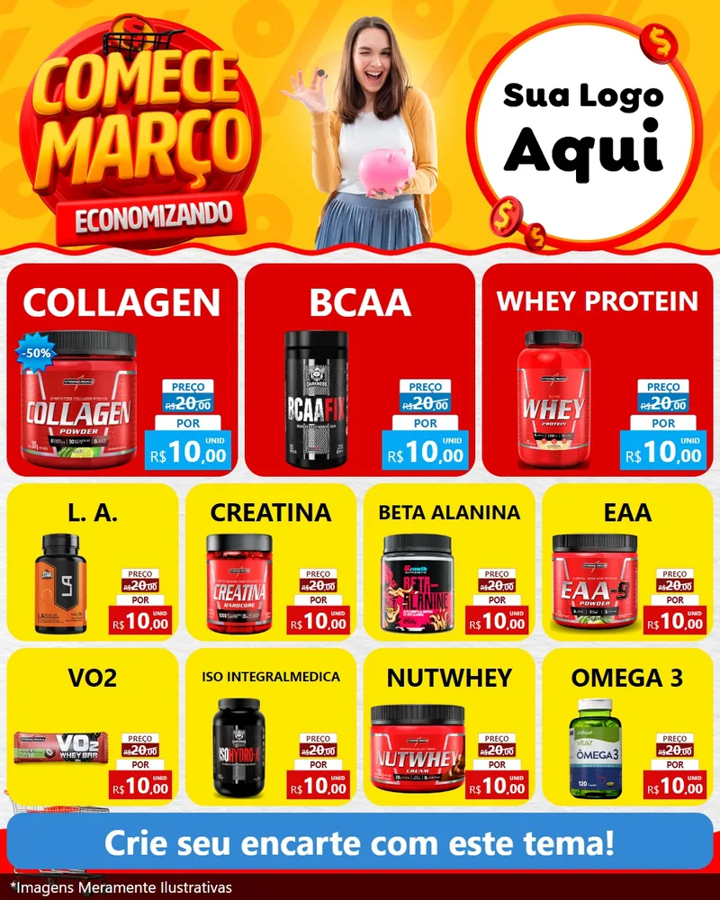 Modelo de Rede Social para Feed Instagram com o tema Comece Março Economizando para Suplementos alimentares