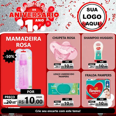 Modelo de Rede Social para Feed Facebook com o tema Promoção de Aniversário - 1 Ano para Bebês