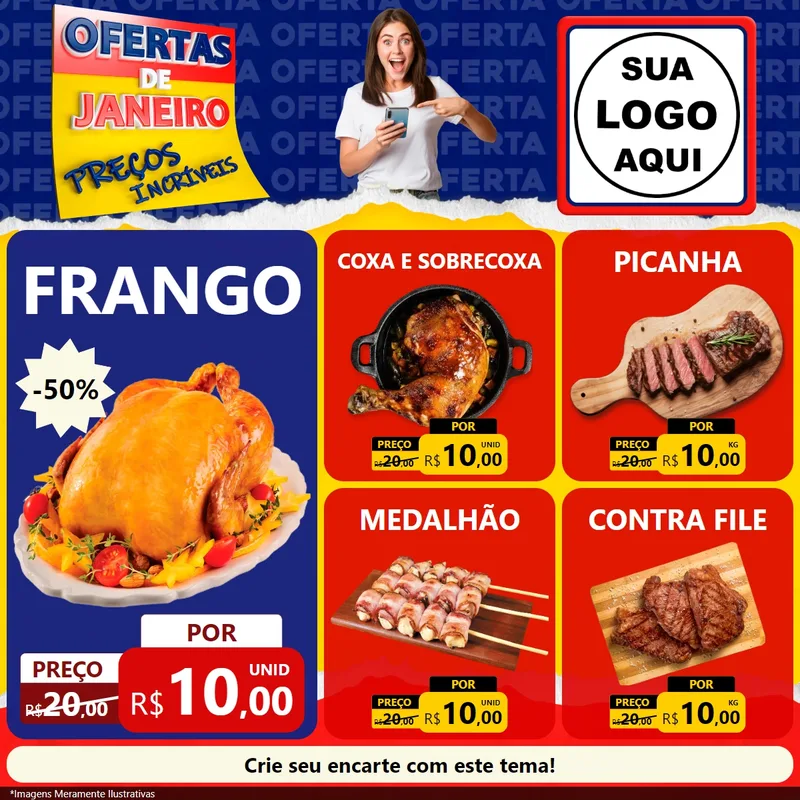 Modelo de Rede Social para Feed Facebook com o tema Ofertas de Janeiro - Preços Incríveis para Assados