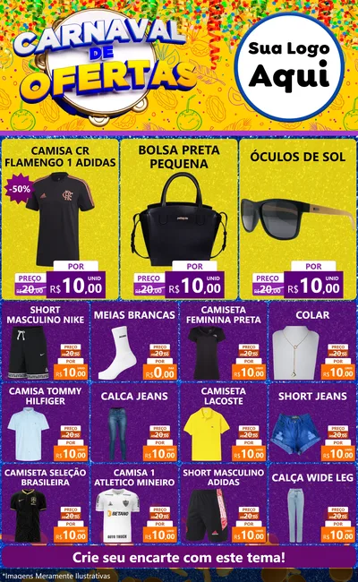 Modelo de Encarte para Encarte Grande com o tema Carnaval de Ofertas para Roupas e acessórios