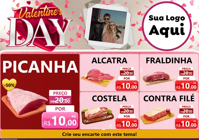 Modelo de Encarte para Encarte A4 Horizontal com o tema Valentine's Day para Açougue