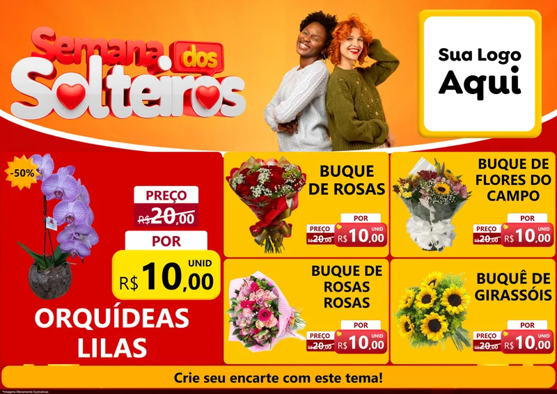 Modelo de Encarte para Encarte A4 Horizontal com o tema Semana dos Solteiros para Floricultura e jardim