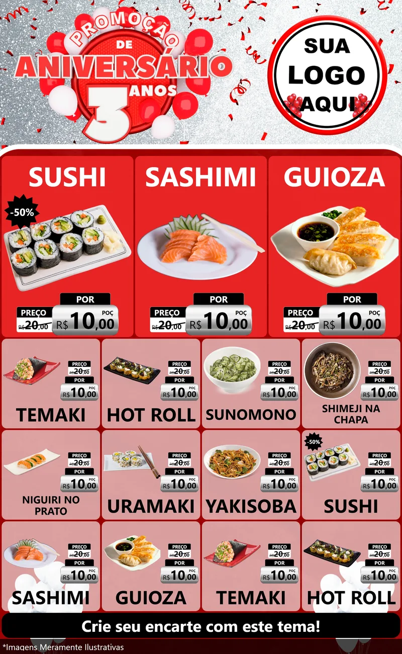 Modelo de Encarte para Encarte Grande com o tema Promoção de Aniversário - 3 Anos para Comida japonesa