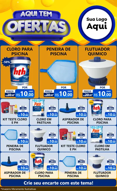 Modelo de Encarte para Encarte Grande com o tema Aqui Tem Ofertas para Produtos para Piscina