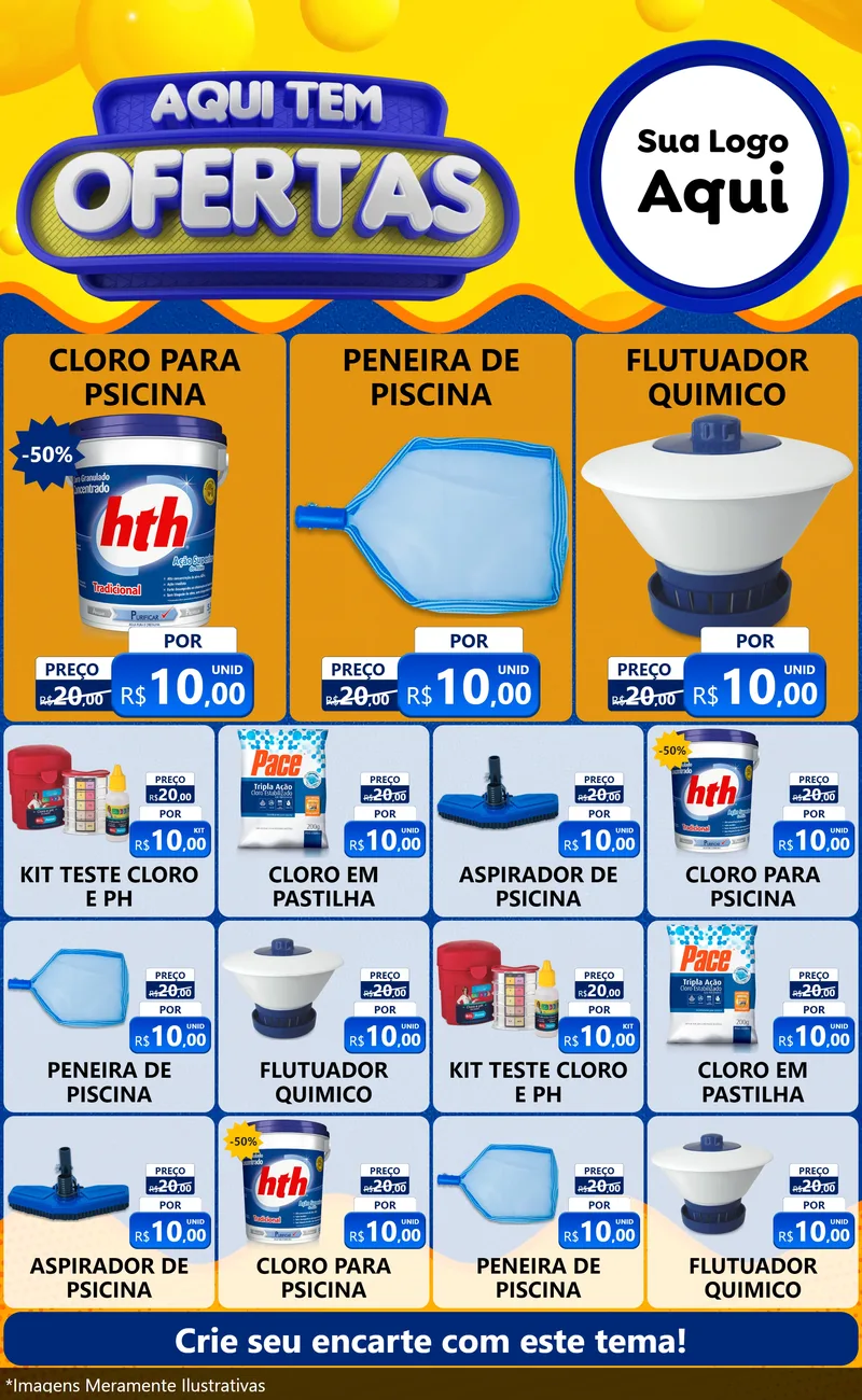 Modelo de Encarte para Encarte Grande com o tema Aqui Tem Ofertas para Produtos para Piscina
