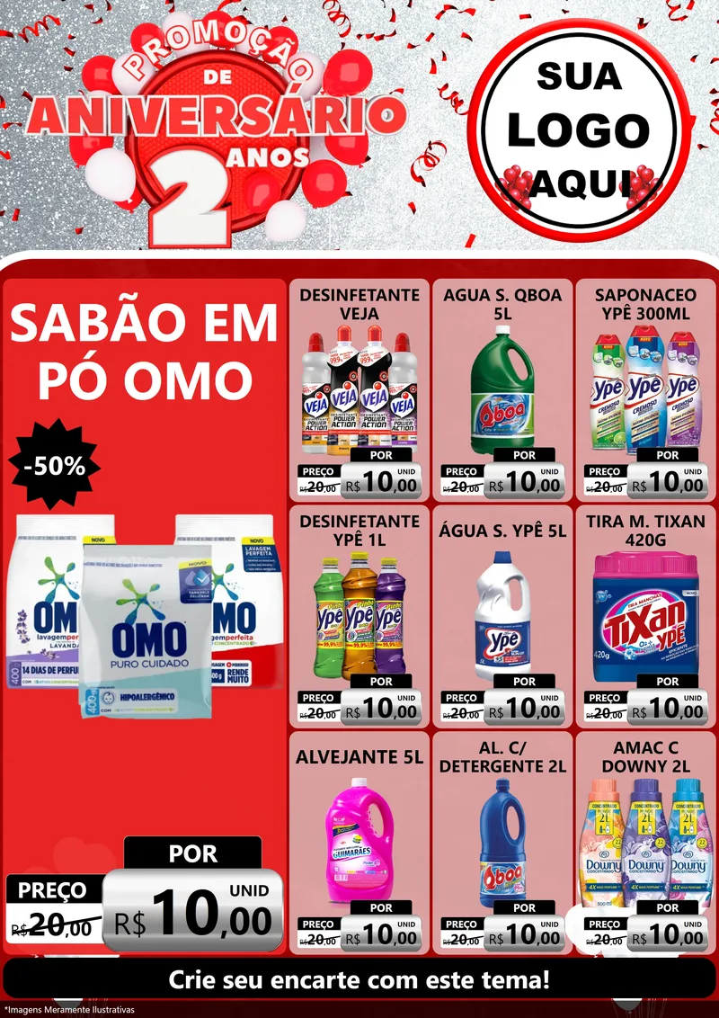 Modelo de Encarte para Encarte A4 Vertical com o tema Promoção de Aniversário - 2 Anos para Produtos de Limpeza