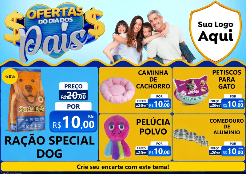 Modelo de Encarte para Encarte A4 Horizontal com o tema Ofertas do Dia dos Pais para Pet Shop
