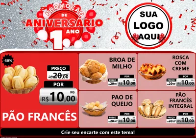 Modelo de Encarte para Encarte A4 Horizontal com o tema Promoção de Aniversário - 1 Ano para Padaria