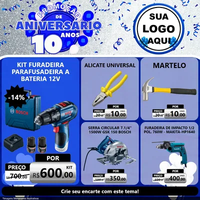 Modelo de Rede Social para Feed Facebook com o tema Promoção de Aniversário - 10 Anos para Maquinas e Ferramentas