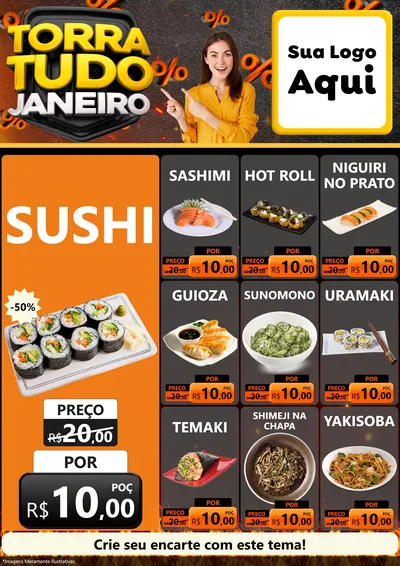 Modelo de Encarte para Encarte A4 Vertical com o tema Torra Tudo Janeiro para Comida japonesa