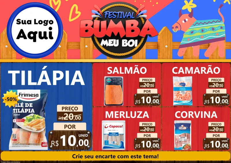Modelo de Encarte para Encarte A4 Horizontal com o tema Festival Bumba Meu Boi para Peixaria