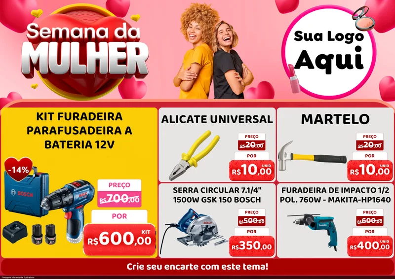 Modelo de Encarte para Encarte A4 Horizontal com o tema Semana da Mulher para Maquinas e Ferramentas