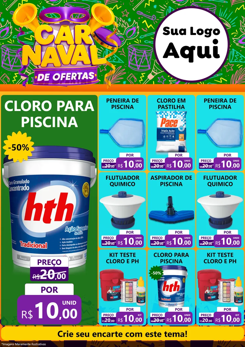 Modelo de Encarte para Encarte A4 Vertical com o tema Carnaval de Ofertas para Produtos para Piscina
