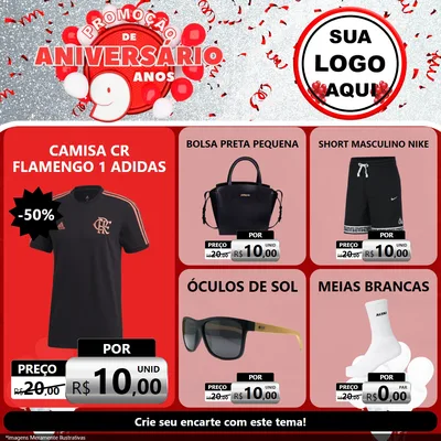 Modelo de Rede Social para Feed Facebook com o tema Promoção de Aniversário - 9 Anos para Roupas e acessórios
