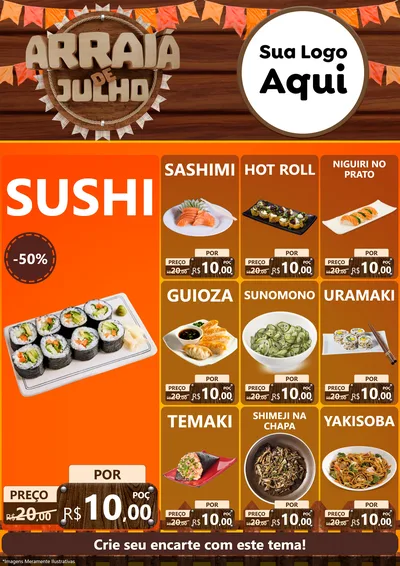 Modelo de Encarte para Encarte A4 Vertical com o tema Arraiá de Julho - Junina para Comida japonesa