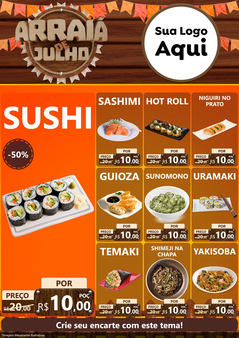 Modelo de Encarte para Encarte A4 Vertical com o tema Arraiá de Julho - Junina para Comida japonesa