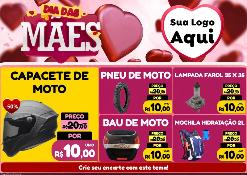 Modelo de Encarte para Encarte A4 Horizontal com o tema Dia Das Mães para Moto peças