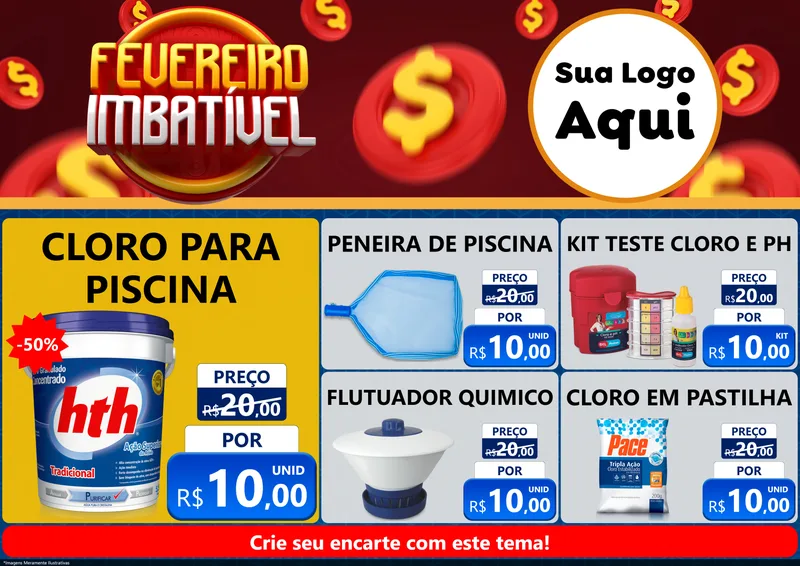 Modelo de Encarte para Encarte A4 Horizontal com o tema Fevereiro Imbatível para Produtos para Piscina
