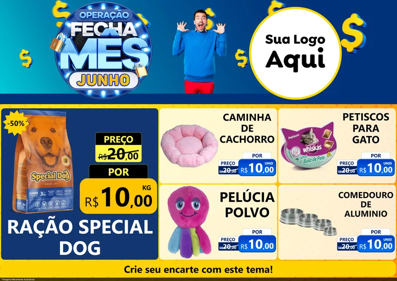 Modelo de Encarte para Encarte A4 Horizontal com o tema Operação Fecha Mês, Junho para Pet Shop