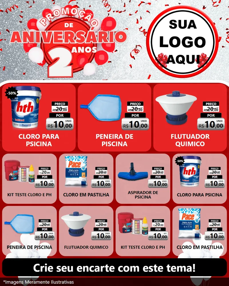 Modelo de Rede Social para Feed Instagram com o tema Promoção de Aniversário - 2 Anos para Produtos para Piscina