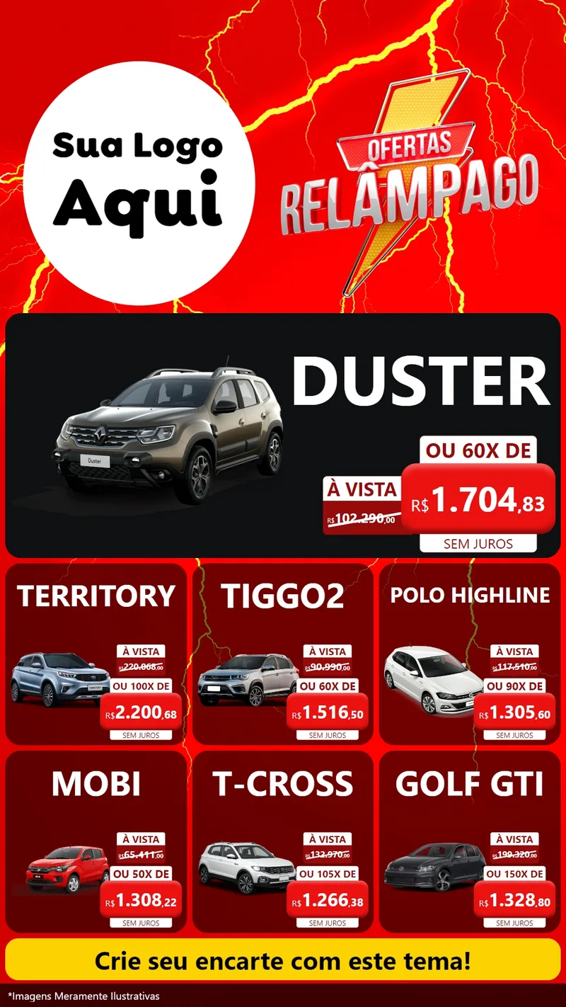 Modelo de Rede Social para Stories com o tema Ofertas Relâmpago para Concessionaria de Carros
