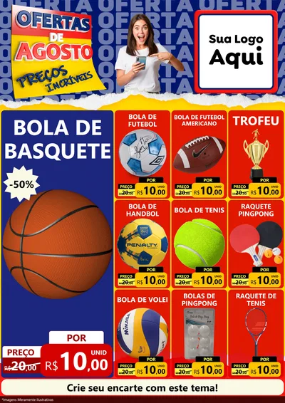 Modelo de Encarte para Encarte A4 Vertical com o tema Ofertas de Agosto - Preços Incríveis para Artigos Esportivos
