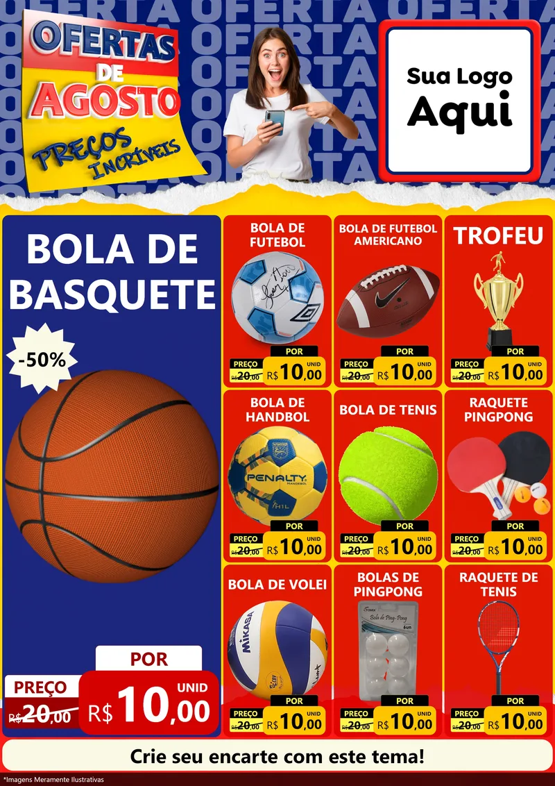 Modelo de Encarte para Encarte A4 Vertical com o tema Ofertas de Agosto - Preços Incríveis para Artigos Esportivos