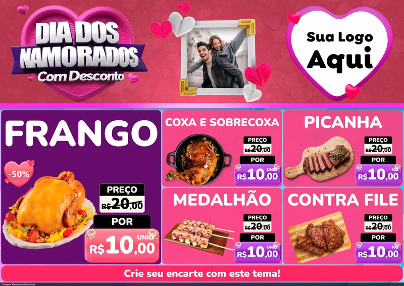 Modelo de Encarte para Encarte A4 Horizontal com o tema Dia Dos Namorados Com Desconto para Assados