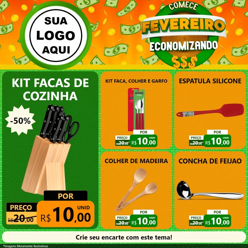 Modelo de Rede Social para Feed Facebook com o tema Comece Fevereiro Economizando para Utilidades Domésticas