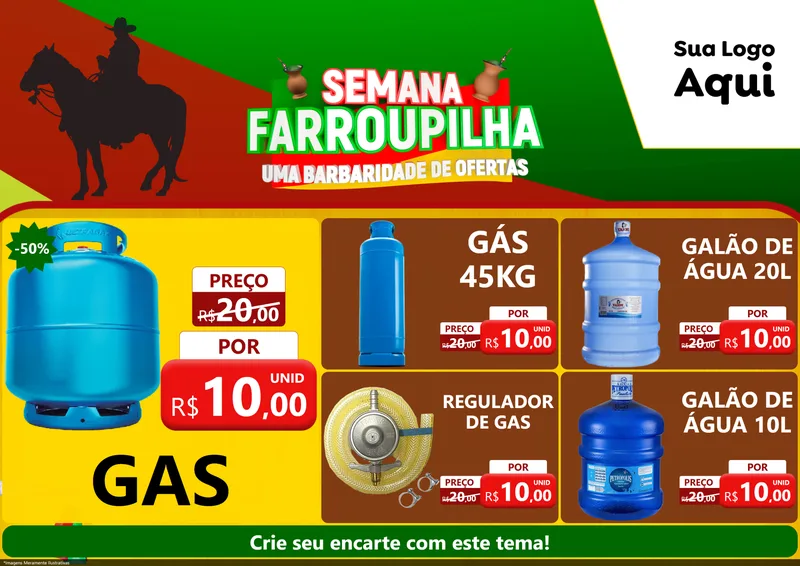 Modelo de Encarte para Encarte A4 Horizontal com o tema Semana Farroupilha - Uma Barbaridade de Ofertas para Água e gás