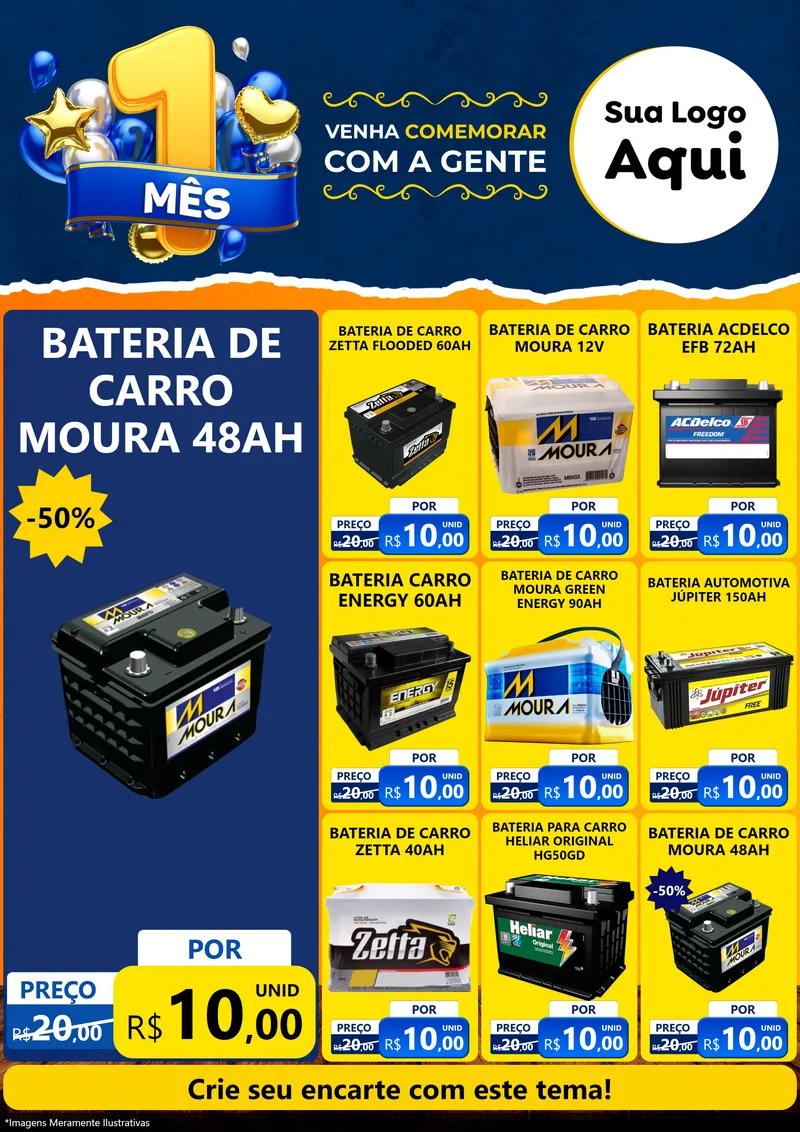 Modelo de Encarte para Encarte A4 Vertical com o tema Um Mês de Aniversário para Baterias Elétricas