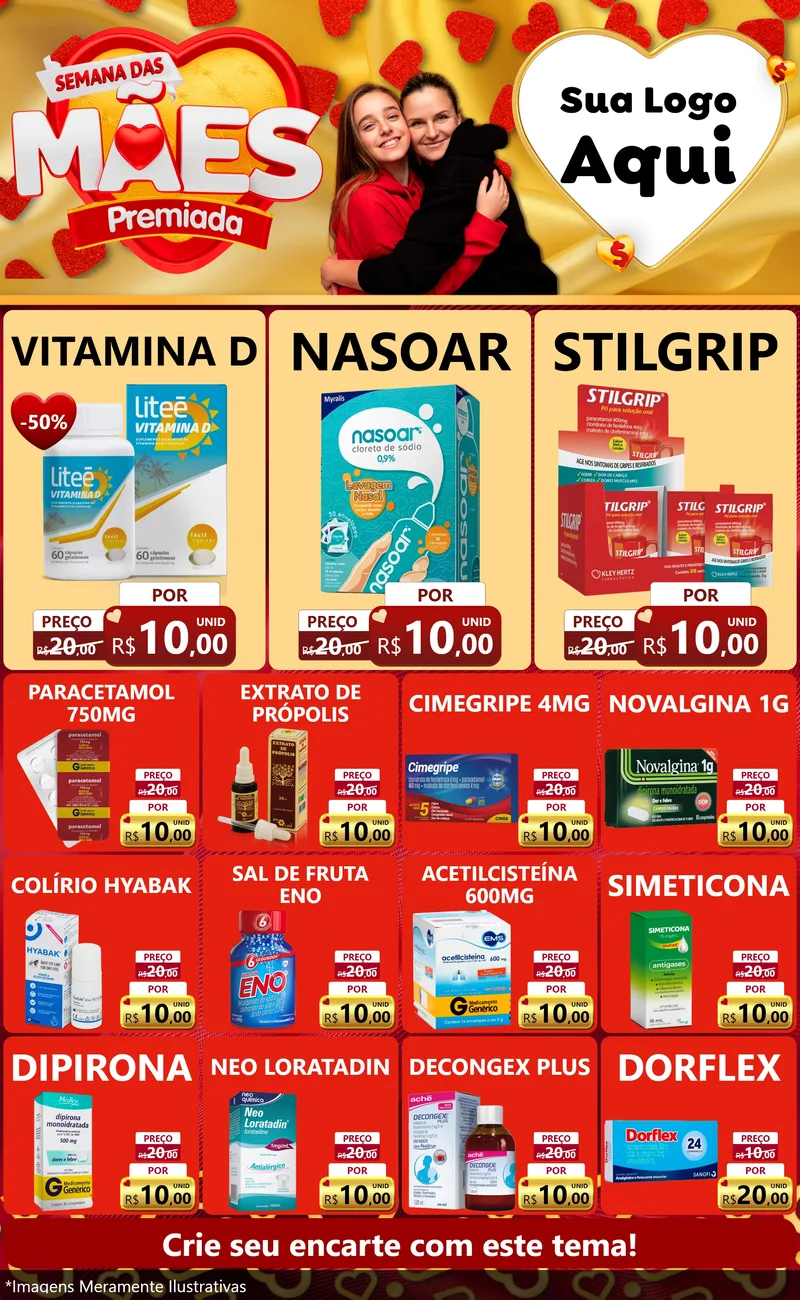 Modelo de Encarte para Encarte Grande com o tema Semana das Mães Premiada para Farmácia